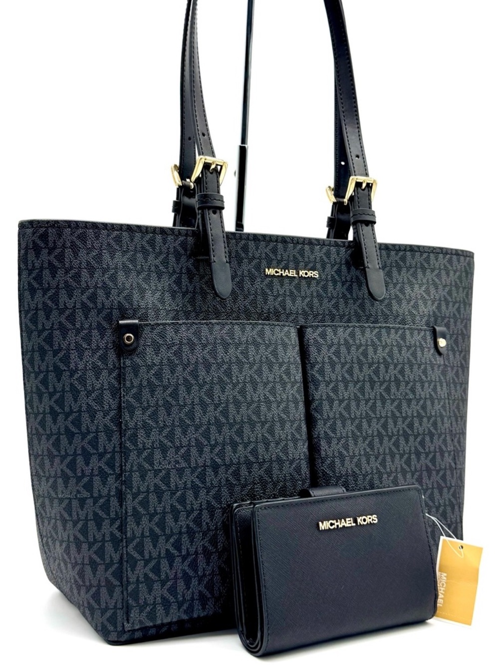 Michael Kors Jet Set Medium Pocket Tote Bag & Matching Bifold Wallet Black/Gold